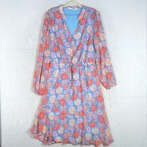 Lush Floral Long Sleeve Dress in Blue, Coral & Cream